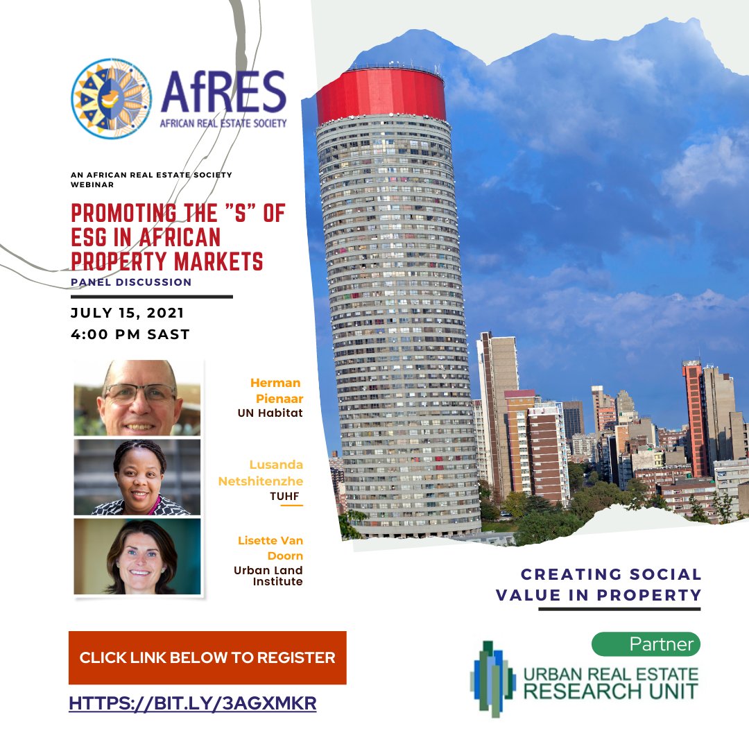 Join us for the webinar on "Promoting the "S" of "ESG" in African Property Markets" tomorrow (15 July 2021) at 16h00. The focus will be on "Social" issues in the real estate industry. 

Register using the following link:

docs.google.com/forms/d/e/1FAI…

#social #Sustainability #ESG