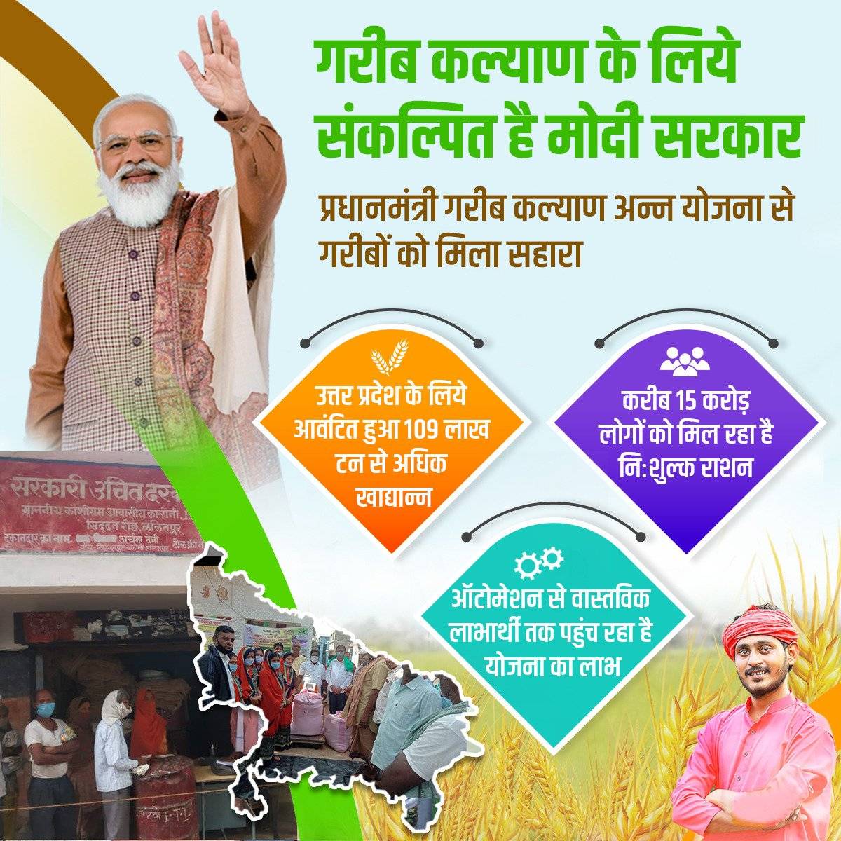 'प्रधानमंत्री गरीब कल्याण अन्न योजना' के अंतर्गत अप्रैल 2020 से नवंबर 2021 तक, उत्तर प्रदेश के लिये 109 लाख टन से अधिक खाद्यान्न का आवंटन किया गया है।

इससे राज्य के लगभग 15 करोड़ लाभार्थियों को, प्रति माह, 5 किलो राशन निःशुल्क दिया जायेगा।

📖 pib.gov.in/PressReleasePa…