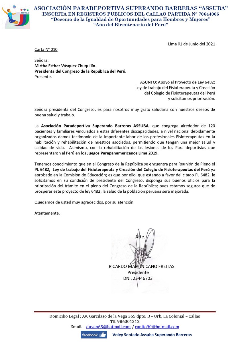 ASPEFISIO's tweet photo. Asociación Paradeportiva Superando Barreras ASSUBA APOYA #PL6482 
@FrepapBancada
@LuzCayguaray @RichardRubioG @WilmerFrepap @MariaCespedesc @IsaiasFrepap @AlcidesRaymeM @huamani_nelly @RaulMachacaM @OsedaYucra @ayquipa_julia @RobledoGutarra @AlfredoBenitesF https://t.co/ZYNPfZ1g4C
