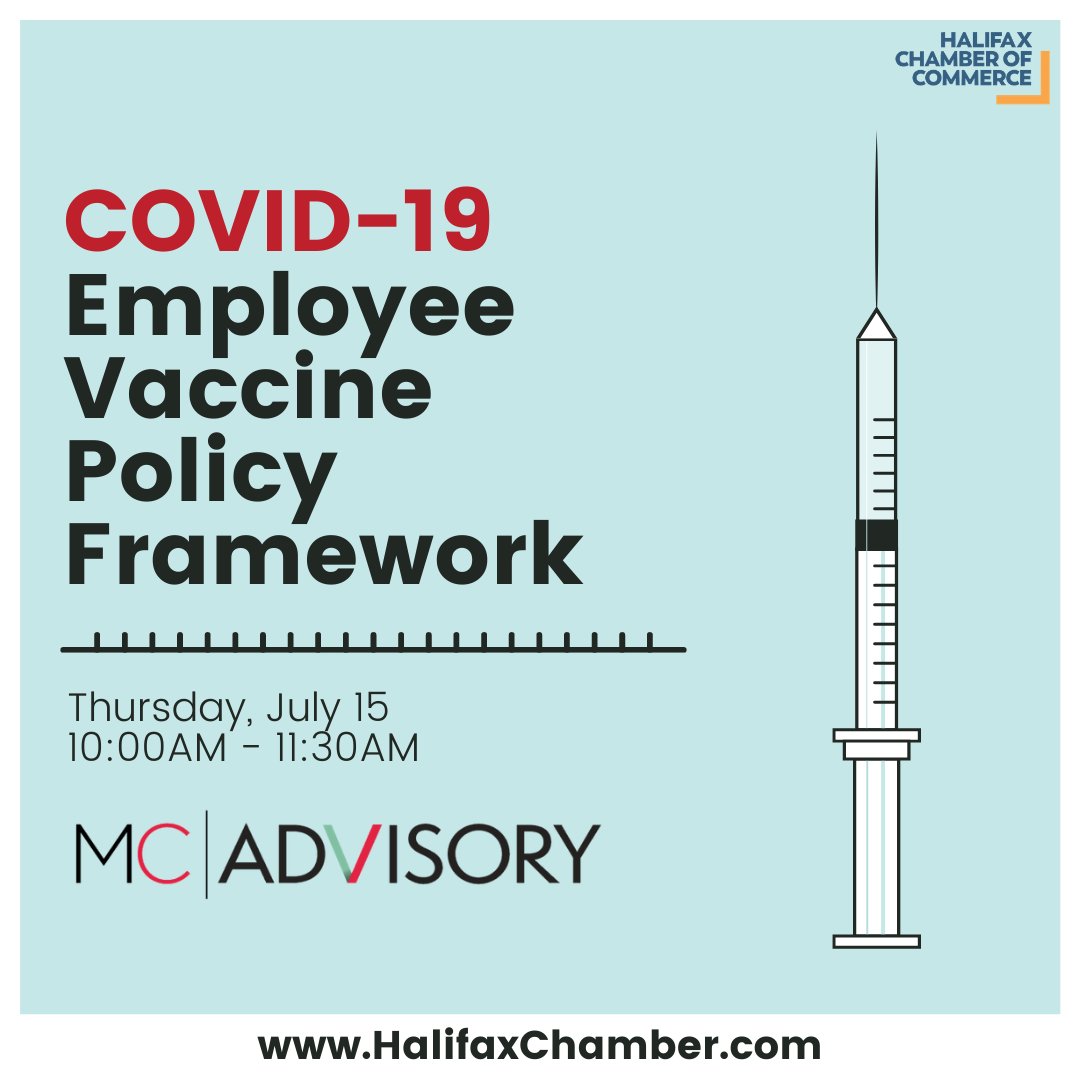 TOMORROW 10-11:30am! Free for future &amp; current members of the <a href="/halifaxchamber/">Halifax Chamber</a>, join <a href="/MCAdvisory/">MC-Advisory</a> for an engaging webinar providing practical insights on where to start when developing vaccination &amp; workplace policies related to COVID-19. Sign up here: bit.ly/3gGUdgf