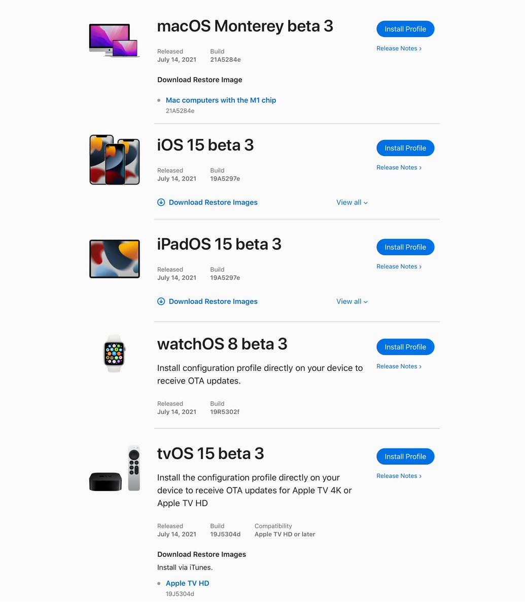 The long wait is over for iOS 15 beta 3, macOS Monterey beta 3,  iPadOS 15 beta 2, watchOS 8 beta 3 and tvOS 15 beta 3. Developers can download/install these now, after a wait of almost 3 weeks from the previous versions. 1/2