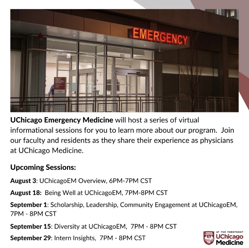 UChicago EM (@uchicagoem) on Twitter photo Announcing our <a href="/UChicagoEM/">UChicago EM</a> zoom info sessions for the summer!
Meet our amazing residents and ask all of your burning questions about our curriculum, research interests, wellness, life in Chicago and more!
Sign up here!
forms.gle/2qbvNb9rAvDxkk… Announcing our <a href="/UChicagoEM/">UChicago EM</a> zoom info sessions for the summer!
Meet our amazing residents and ask all of your burning questions about our curriculum, research interests, wellness, life in Chicago and more!
Sign up here!
forms.gle/2qbvNb9rAvDxkk…