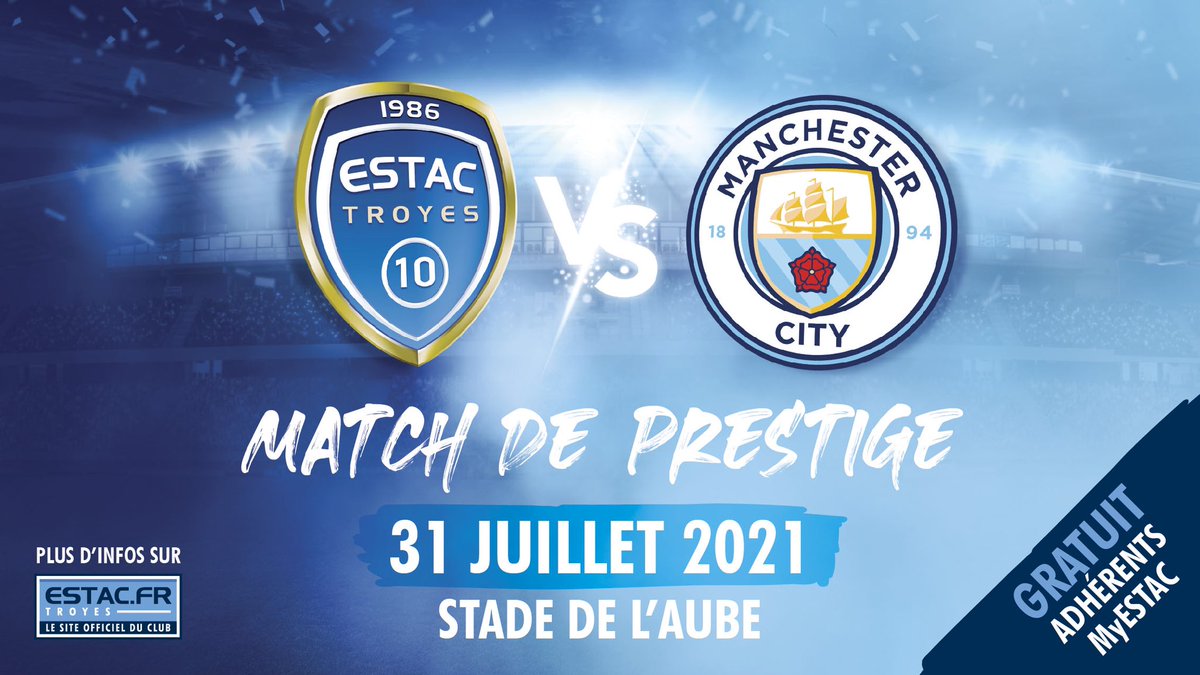 🗣 L’ESTAC affrontera <a href="/ManCity/">Manchester City</a> le 31 juillet au Stade de l’Aube pour son dernier match amical de présaison ! 🗓
Un match de prestige à voir gratuitement pour les titulaires de nouvelles adhésions #MyESTAC !
Plus d’infos 👉 bit.ly/ESTAC-CITY
#ESTACMCI #TeamEstac 🔵⚪️