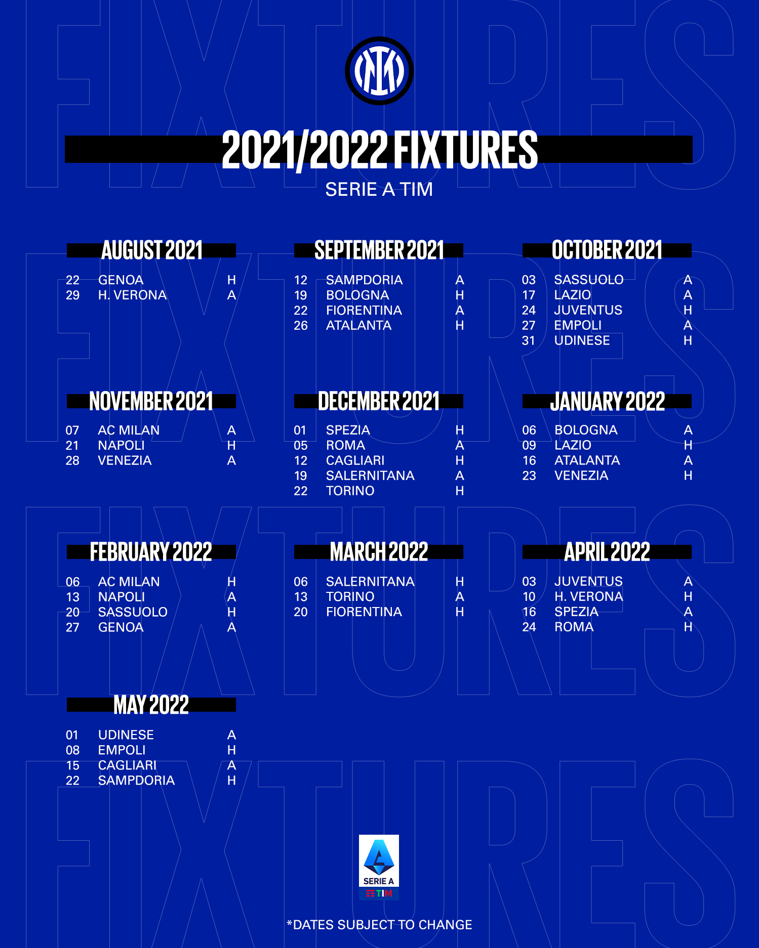 Inter on X: 🗓  CALENDARIO @SerieA 2021/2022 ⚽ Ecco il nostro calendario  completo! 👇 #ForzaInter  / X