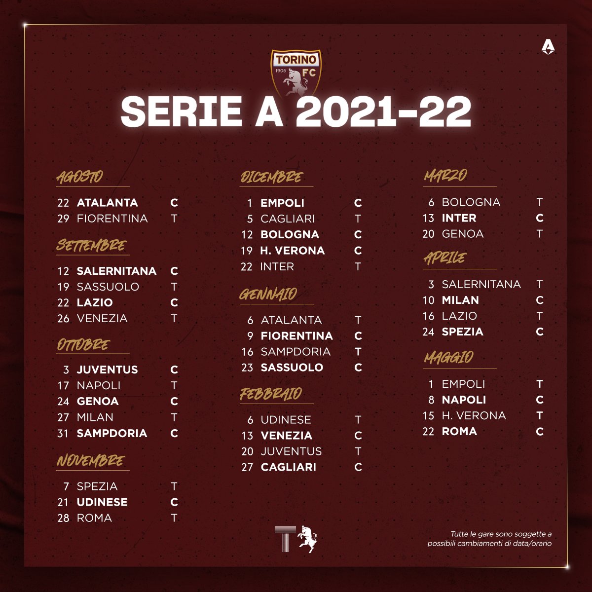 TuttoIlToro's tweet image. 🚨 𝗦𝗘𝗥𝗜𝗘 𝗔 𝟮𝟬𝟮𝟭/𝟮𝟮 🚨

Ecco rivelato il calendario della prossima #SerieA per i granata! #SFT #FVCG