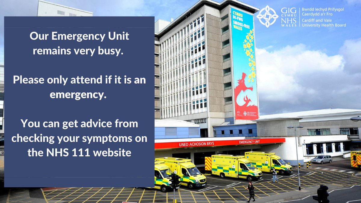📣PLEASE SHARE WITH PEOPLE IN CARDIFF &amp; THE VALE OF GLAMORGAN. Our Emergency Unit remains busy - please only attend if it's an emergency. Call CAV 24/7 if it's not life threatening. If you're unsure of your symptoms, please use the NHS 111 symptom checker: 111.wales.nhs.uk/SelfAssessment…