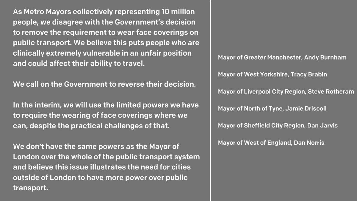 MetroMayorSteve's tweet photo. As Mayors representing 10m people, we disagree with the government’s decision to remove the requirement to wear face coverings on public transport. We call on it to reverse its decision.

This mess proves the need to reform our fragmented transport system and empower local areas. https://t.co/RuAXP6fxfG