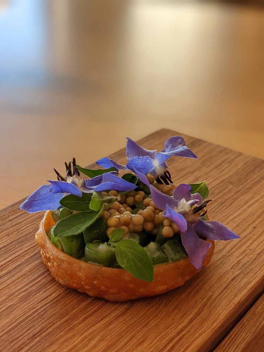 Doddington Dairy cheese with Hexhamshire Organics french beans &amp; borage flowers from our garden