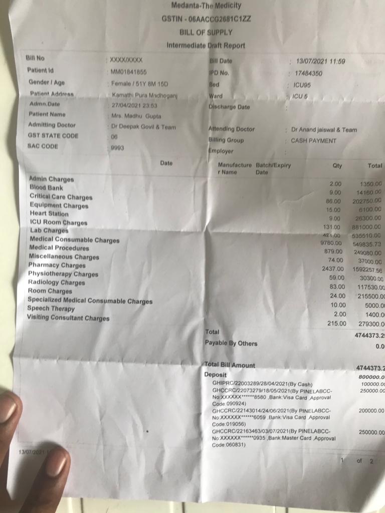 negupta0311's tweet photo. @narendramodi @PMOIndia @PMO_NaMo @mlkhattar @drharshvardhan @anilvijminister  @DrHVoffice @NMC_IND @IMAIndiaOrg @SonuSood 

Mother hospitalized since 27th April 2021 with no proper/clear treatment in Medanta Medicity Gurgaon.
Please refer to my attachments below and please help. https://t.co/xpT7ZEFxiU