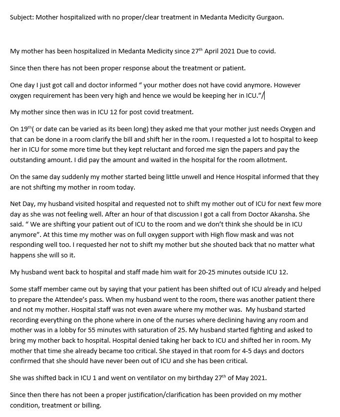 negupta0311's tweet photo. @narendramodi @PMOIndia @PMO_NaMo @mlkhattar @drharshvardhan @anilvijminister  @DrHVoffice @NMC_IND @IMAIndiaOrg @SonuSood 

Mother hospitalized since 27th April 2021 with no proper/clear treatment in Medanta Medicity Gurgaon.
Please refer to my attachments below and please help. https://t.co/xpT7ZEFxiU