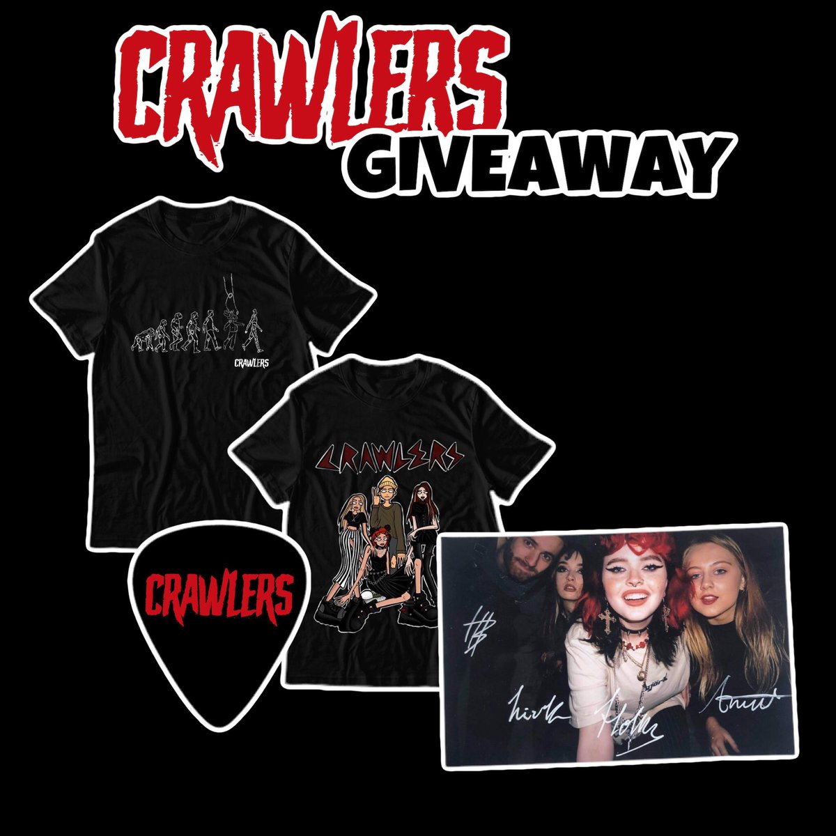 CrawlersHQ's tweet photo. GIVEAWAY TIME
We are giving away 2x Limited Edition T-Shirts, 2x guitar picks and a hand written letter to one lucky winner. You can enter on any of our social platforms including Instagram, Facebook or Twitter
RULES!
1. Like our post
2. Tag a friend in our post 
2. Retweet post https://t.co/dE02sizsTY