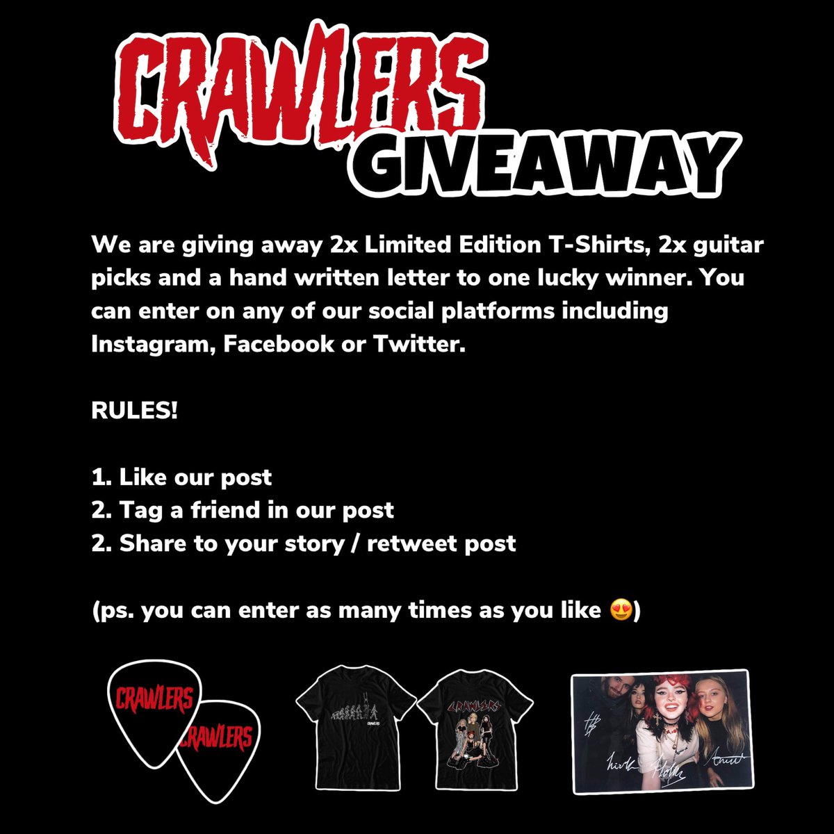 CrawlersHQ's tweet photo. GIVEAWAY TIME
We are giving away 2x Limited Edition T-Shirts, 2x guitar picks and a hand written letter to one lucky winner. You can enter on any of our social platforms including Instagram, Facebook or Twitter
RULES!
1. Like our post
2. Tag a friend in our post 
2. Retweet post https://t.co/dE02sizsTY