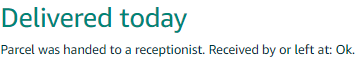twistedart's tweet photo. @AmazonUK I was in my property all day, no doorbell ring, yet according to this my parcel was delivered to a 'receptionist' at 'Ok'. Does this make any sense to you? 
BTW I don't have a receptionist at my residential property!
Poor delivery from Amazon UK https://t.co/zzI6BXQO9Q