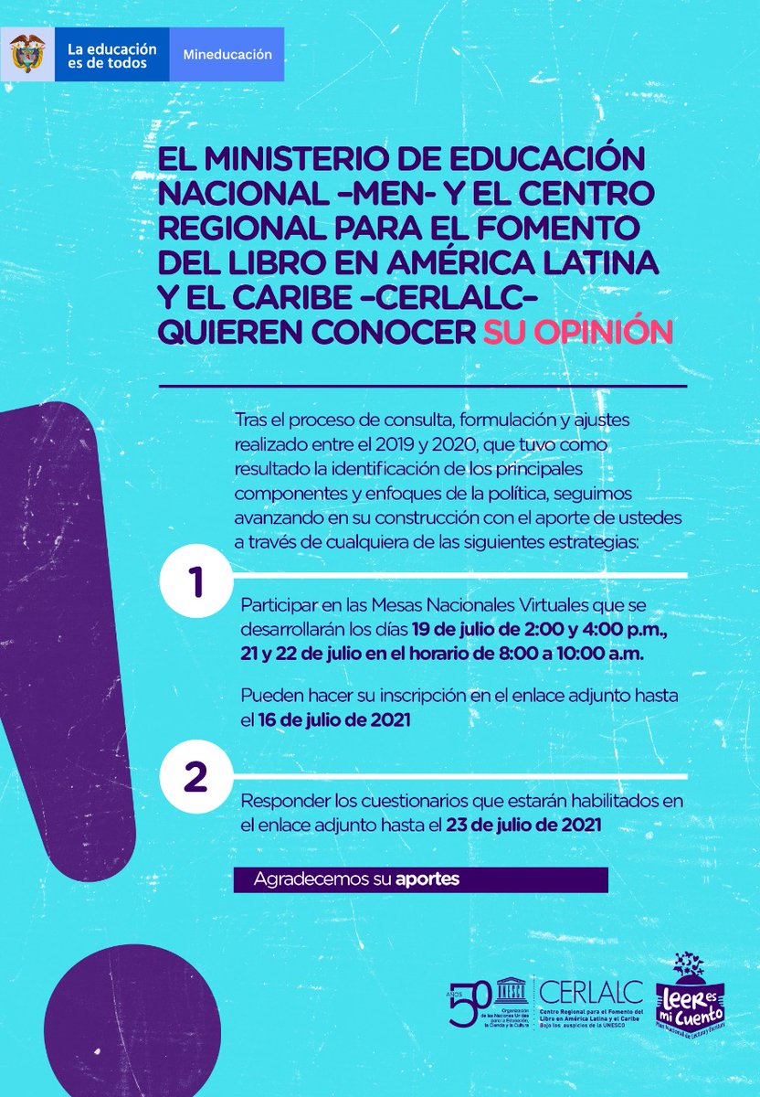 Cerlalc's tweet photo. #NoticiaCerlalc 
Para la construcción de la Política de Recursos Educativos queremos contar con sus aportes a través de: 

1️⃣Mesas Nacionales Virtuales: 19, 21 y 22 de julio.
Inscripciones: https://t.co/aHw4QH8XUg 

2️⃣Cuestionarios hasta el 23 de julio: 
https://t.co/MaN4EX65YC https://t.co/vhJbqX8XCs