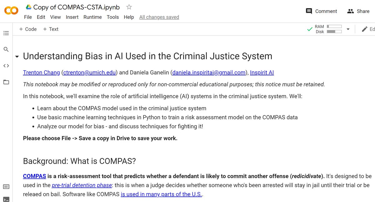 teach_python's tweet image. Understanding AI bias in the criminal justice system with some simple python code in a colab notebook by @chang_trenton and Daniela Ganelin #CSTA2021 #CSforAll #EthicalCS