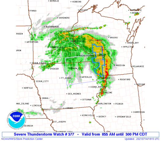 Weather_First's tweet photo. The @NWSSPC  has issued a Severe Thunderstorm Watch
   * Primary threats include...
     Scattered damaging wind gusts to 70 mph likely
     Scattered large hail and isolated very large hail events to 2
       inches in diameter possible
     A tornado or two possible https://t.co/wX9bZtH3dt