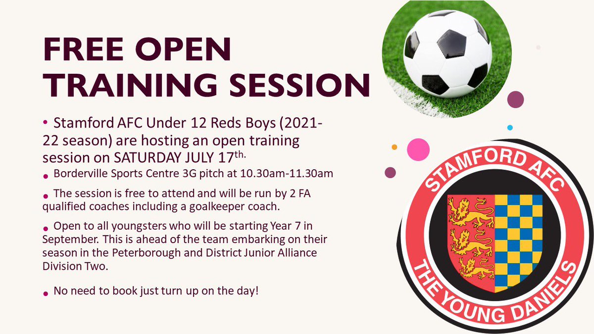 Reminder: Open training session for this coming season’s Stamford U12 Reds. Saturday 10.30am at Borderville.