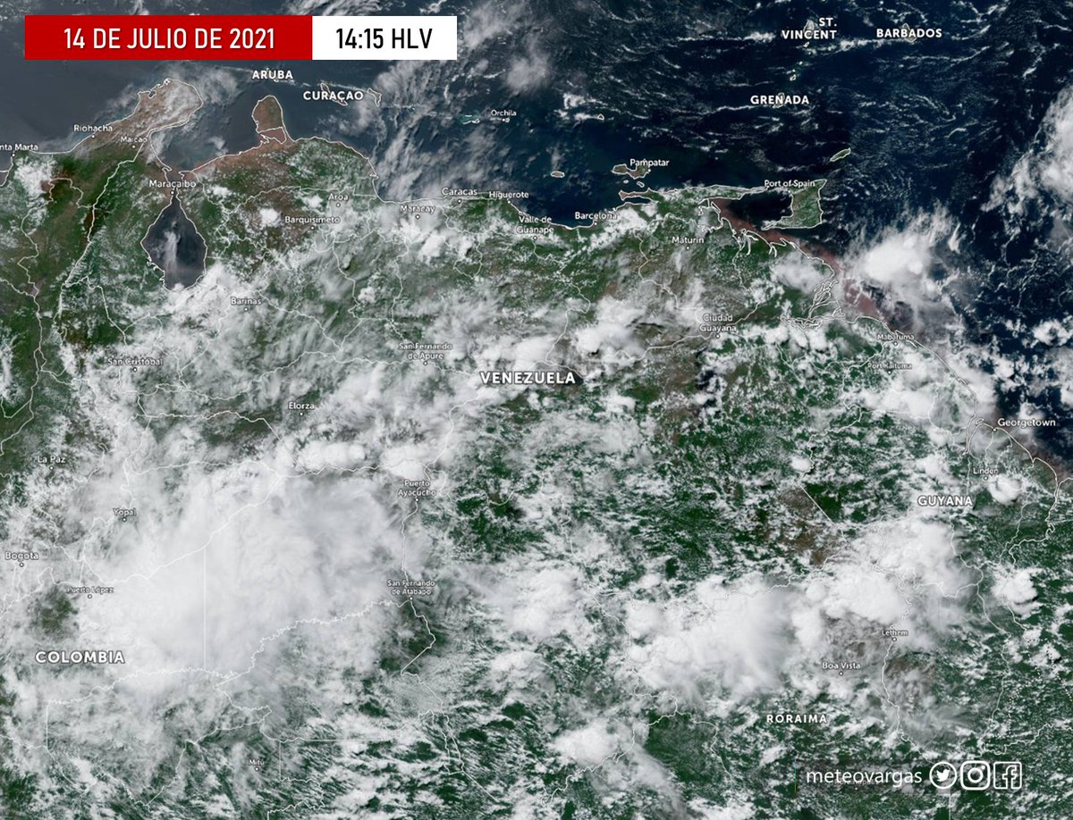 Meteovargas's tweet photo. Múltiples núcleos productores de lluvias y algunos con descargas eléctricas en zonas de Lara, Yaracuy, oeste de Falcón, Andes, partes de Aragua, Carabobo, noroeste y sur de Guárico, áreas de Nororiente, región Guayana y Apure #14jul 14:30 HLV https://t.co/kSiiPvl7TG