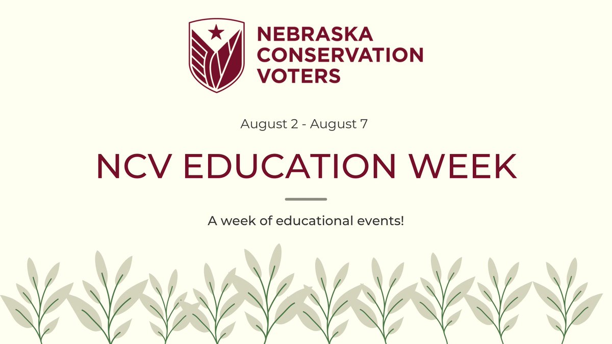 Nebraska Conservation Voters will launch NCV Education Week beginning the week of August 1st! 

Join us for 6 days of educational activities where we will learn about protecting Nebraska's environment!
#NCVWeek #EnvironmentalEducation #NebraskaEnvironment