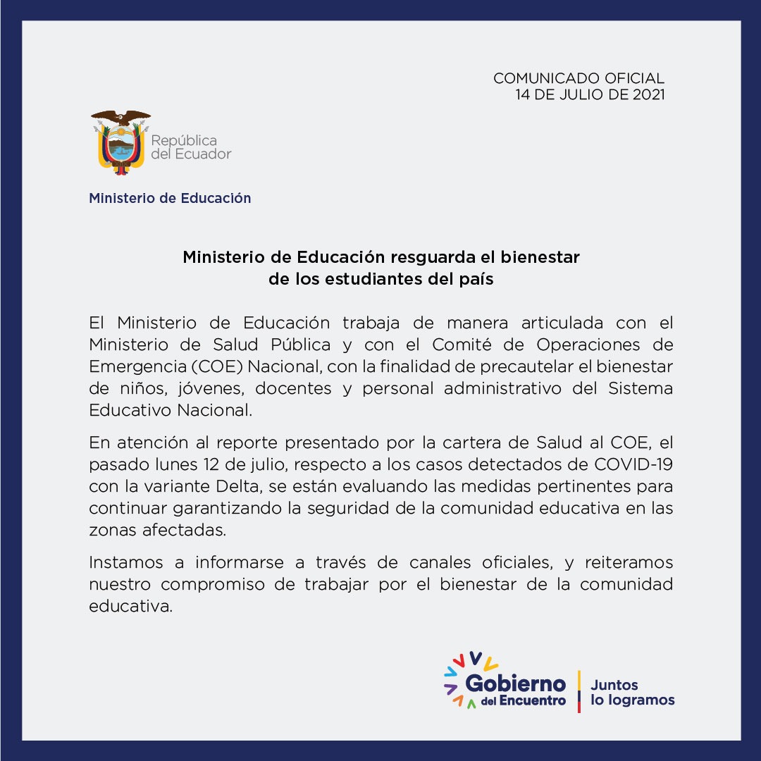 Educacion_Ec's tweet photo. [COMUNICADO] @Educacion_Ec trabaja articuladamente con @Salud_Ec y el COE Nacional, con la finalidad de precautelar el bienestar de niños, jóvenes, docentes y personal administrativo del Sistema Educativo Nacional.

#JuntosLoLogramos https://t.co/2a4v7kWXJN