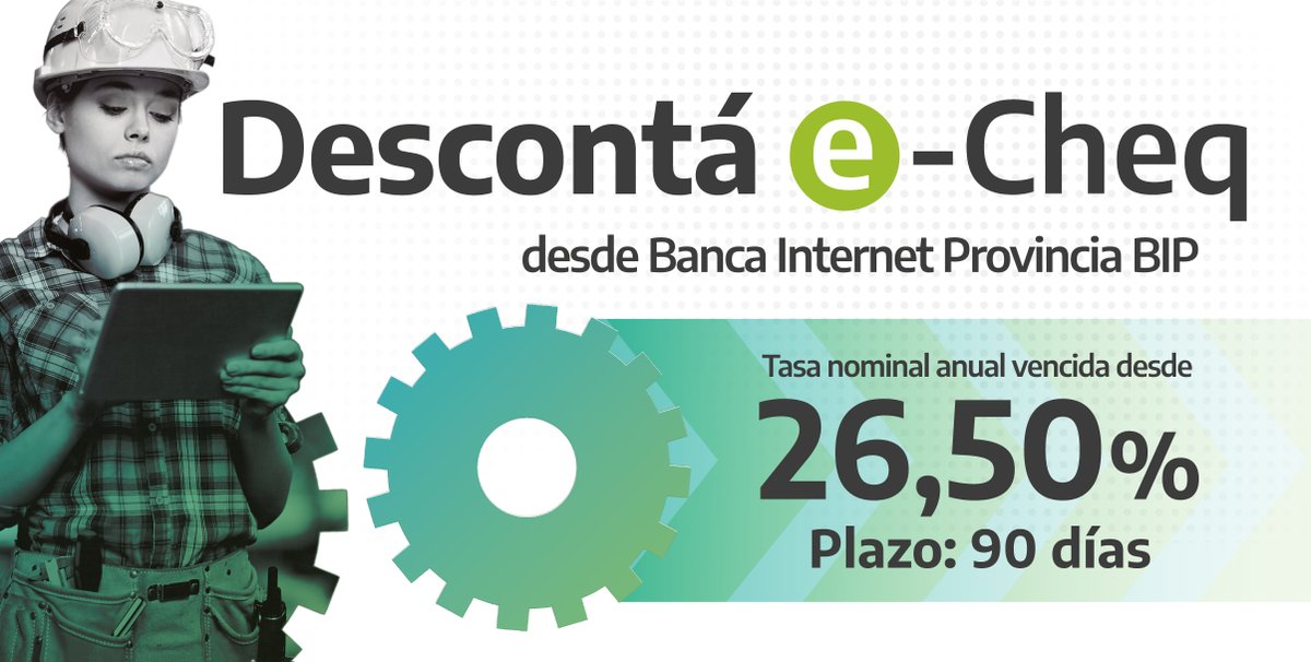 bancoprovincia's tweet photo. #RePyme #ProvinciaEnMarcha
¡Descontá e-Cheq! ⚙️🏭
👉 Desde Banca Internet Provincia BIP desde 26,5% hasta 90 días.
👉 Su acreditación es inmediata.
👉 Es un medio de pago totalmente digital
👉 Disponible días hábiles de 9:00 a 19:30
Más info: https://t.co/9uiHxUBPY0 https://t.co/PrbL1qgGgB