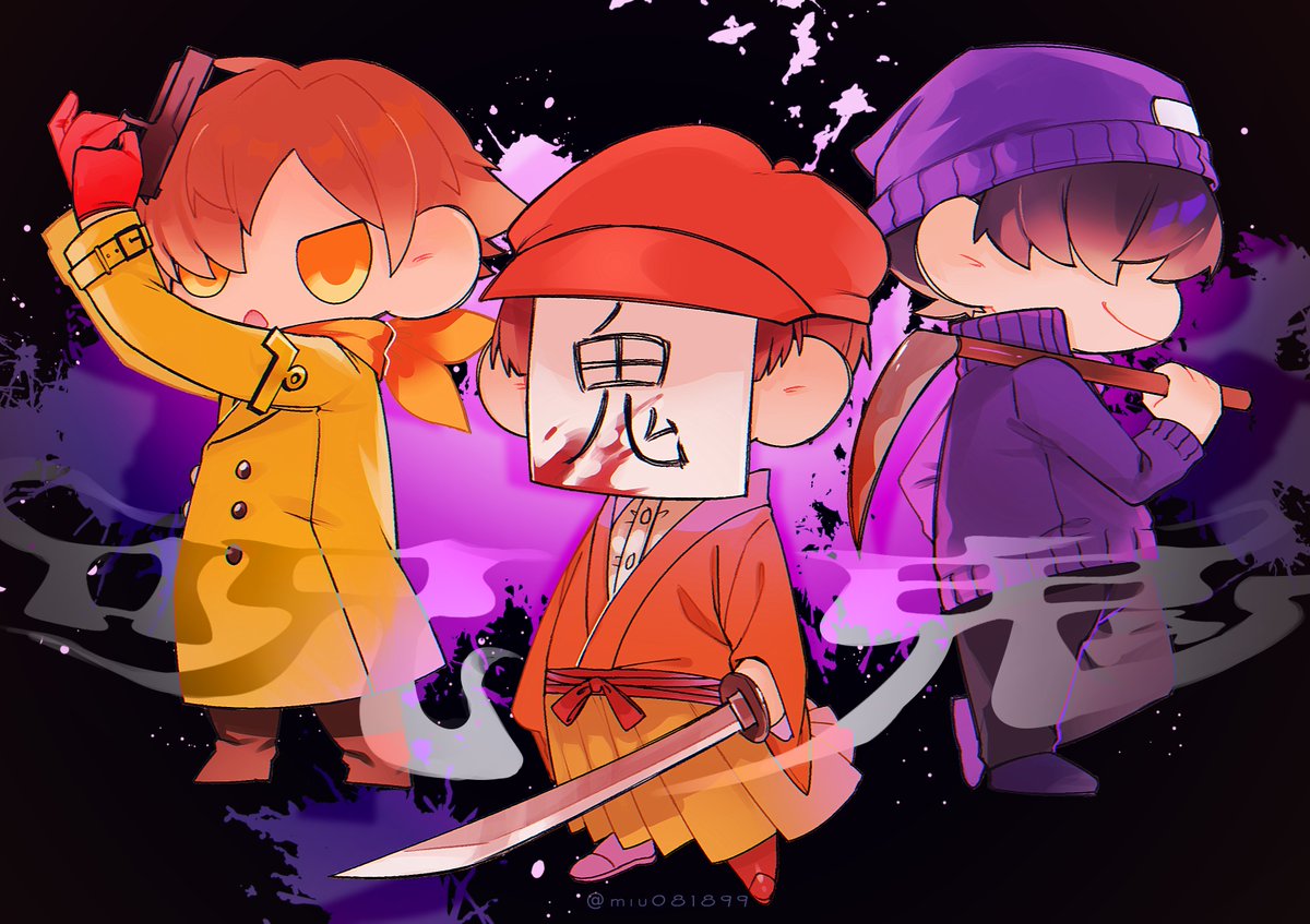 weapon red gloves hat multiple boys 3boys holding weapon chibi  illustration images