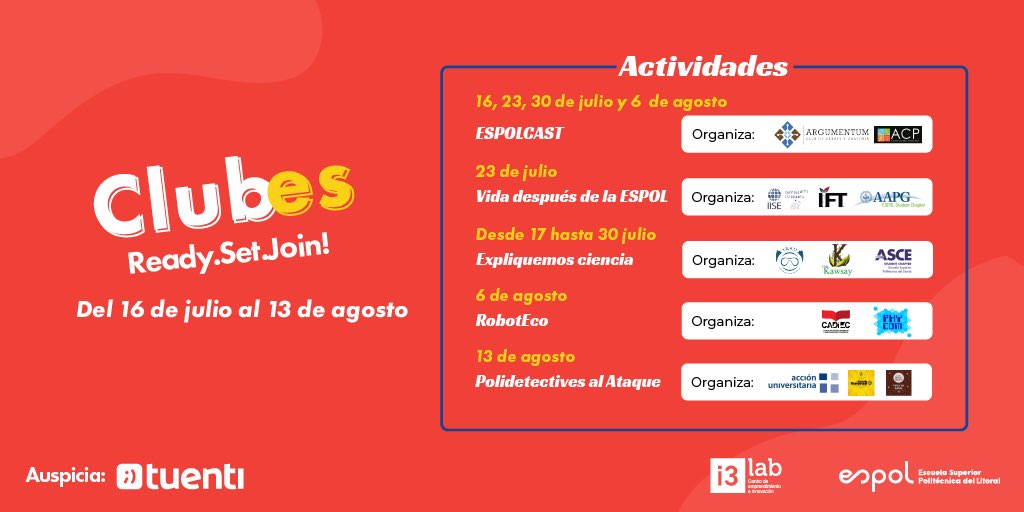 Te presentamos el cronograma🗓 de actividades del evento Clubes: Ready. Set. Join! 

Ya estamos listos para empezar. ¡Te esperamos! 

Lee la información de cada evento en:
I3lab.org/clubes

#clubes2021 
#CreaValorAhora