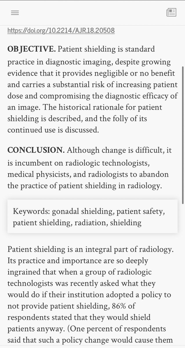 MoDa4's tweet image. اقرأوا هذه المقالات ، تتكلم عن الأدلة العلمية انها تنصح بعدم استخدام الشيلد ، و عن عدم نفع الحماية للمريض بتغطيته بالشيلد "minimal or no benefit"، خاصةً بعد تطور أجهزة الأكس راي ومع تطورها في تقديم الصورة التشخيصية (good quality image) مع تقليل الجرعة الاشعاعية دون الحاجة لشيلد
