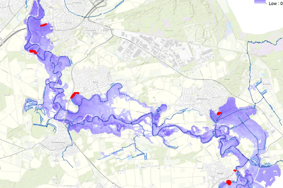 Als de verwachting uitkomt, dan wordt vannacht of morgen, de hoogste waterstand ooit bereikt in de Roer. In dit scenario stroomt er 180 m3 water per seconde door de Roer. Paars is mogelijk overstromingsgebied, rood is daarbij bewoond gebied. Kijk op vrln.nl