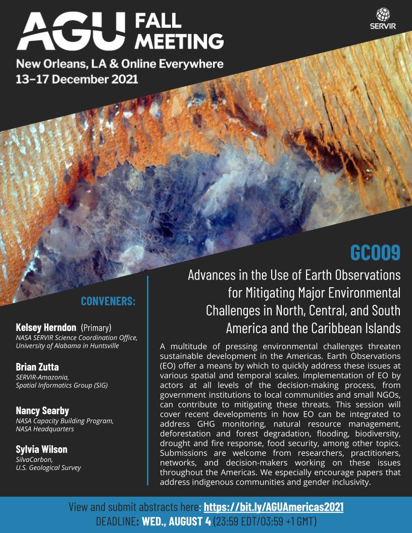 Submit your research about #EarthObservations and environmental challenges in the Americas and the Caribbean to our #AGU21 session by August 4th! 
Envía tu estudio acerca de la teledetección y las amenazas ambientales en las Américas y el Caribe para el 4 de agosto!