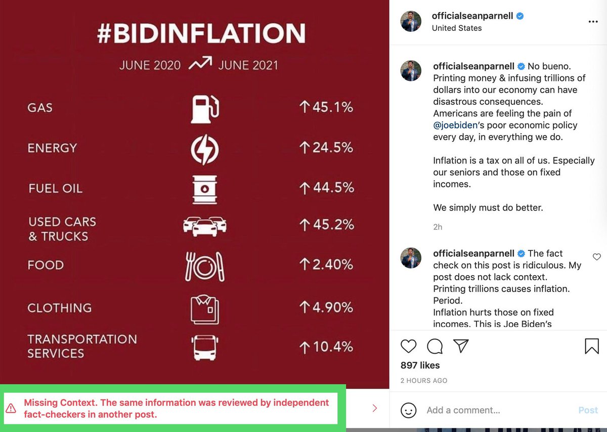 Big Tech &amp; their partisan leftwing "fact checkers" don't care about the truth, they only care about protecting Biden &amp; the Dems.

We're seeing rising gas prices &amp; record inflation because of Joe's 2 trillion dollar spending boondoggle &amp; his decision to cripple our energy sector.