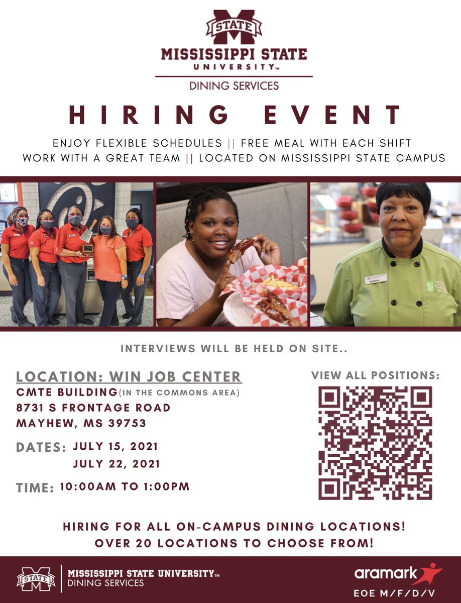 Students, are you looking for a job? MSU Dining Services are hosting a hiring event. Scan the QR code on the flyer for to view the positions !