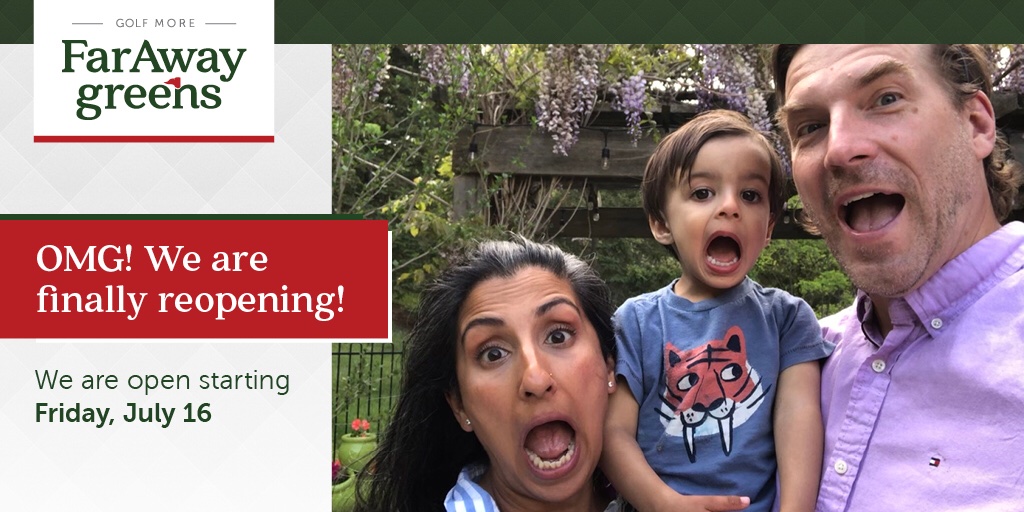 The wait is over!! We are reopening this Friday with our summer hours and  rates, and we couldn’t be happier. Visit us at farawaygreensgolf.com for all the details and to book online. See you on the greens soon. 
#indoorgolf #GolfMore #yeah