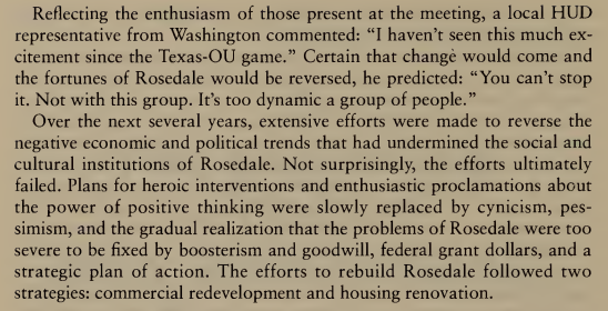legitimately not worth going into any of the particulars of the bureaucratic organizations, funds (including a subsidiary of the ford foundation called SEEDCO) & "investment" done in an attempt to "revitalize" rosedale. it was a sick joke that could do nothing other than fail.