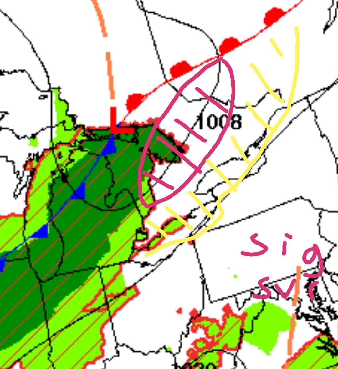 Potent severe weather setup across Ontario Thursday. An area of low pressure will cross the border into Sault Ste. Marie around the noon hour translating northeastwards towards the Temiskamimg Shores by mid-afternoon. Concurrently, a shortwave trough #ONStorm #onwx 1/ https://t.co/zB5Wnp3oWS