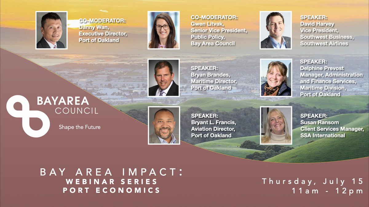 BayAreaCouncil's tweet photo. TOMORROW: Learn about @PortofOakland’s impact on the #BayArea economy at 11am PT as we hear from the Port's Exec. Dir. Danny Wan & other maritime / aviation leaders + @SouthwestAir's David Harvey + #SSAMarine’s Susan Ransom.
Still time to register: https://t.co/9ISzOqJEHq https://t.co/xZW39v4wbh