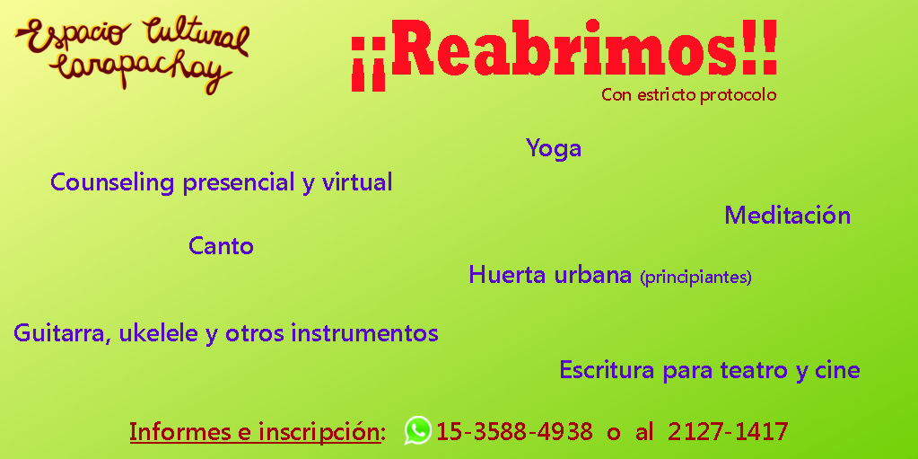 ECCarapachay's tweet photo. ¡¡Reabrimos!! ¡Informate! Vacantes limitadas por protocolo. Te esperamos en nuestro Espacio para disfrutar y desarrollar la Cultura y el bienestar personal
#MunroVL #Olivos_VL #CarapachayVL #Carap #VecinosVL #Vecinos #Barrio #VillaAdelinaVL #VillaMartelliVL #VicenteLopezVL https://t.co/kT4lYawDHq