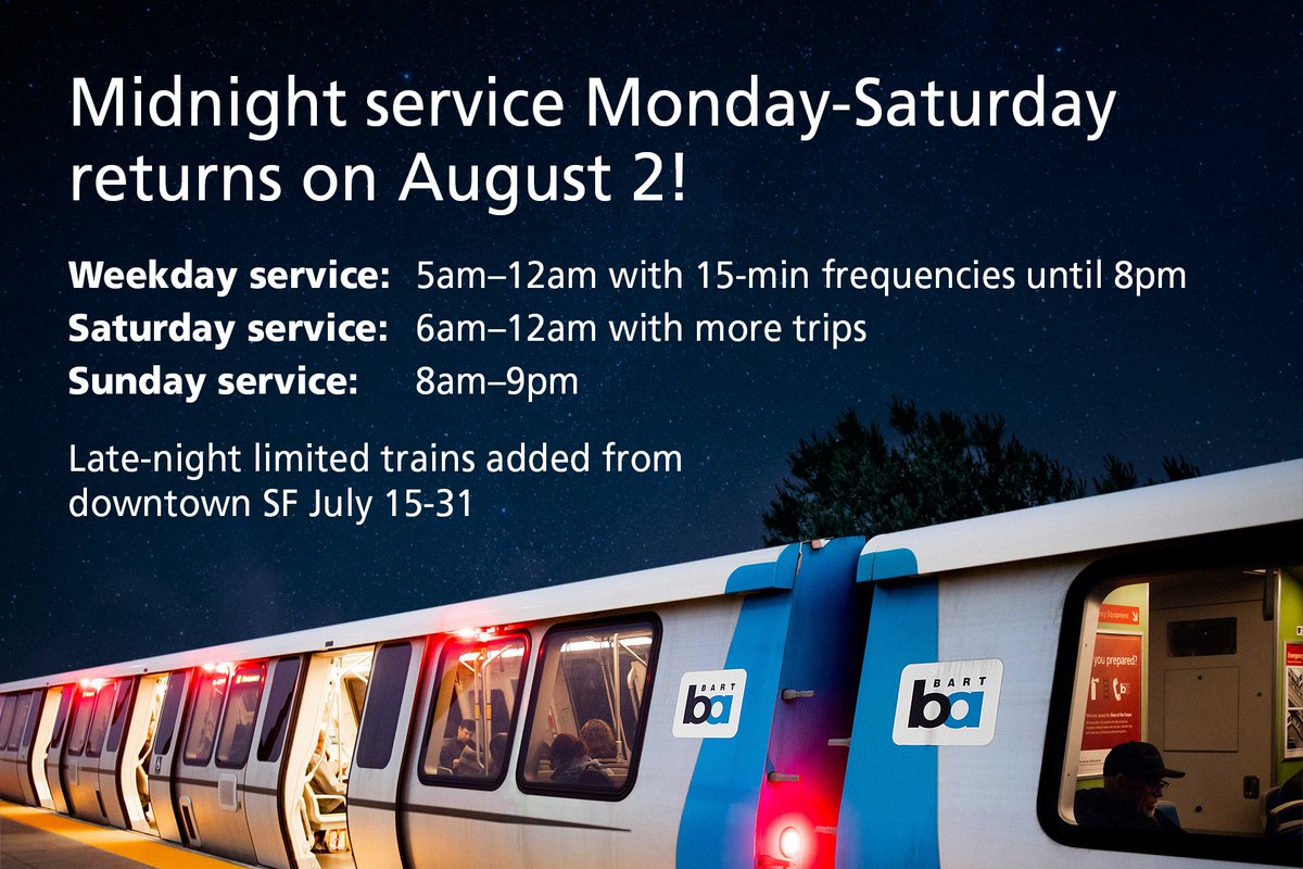 SFBART's tweet photo. The interim limited late-night service will be available on the nights of July 15-17, July 22-24 and July 29-31. 

This late-night limited service will be replaced starting Monday, August 2, when BART extends its operating hours to midnight on weekdays and Saturdays. https://t.co/wx3W7mZUab