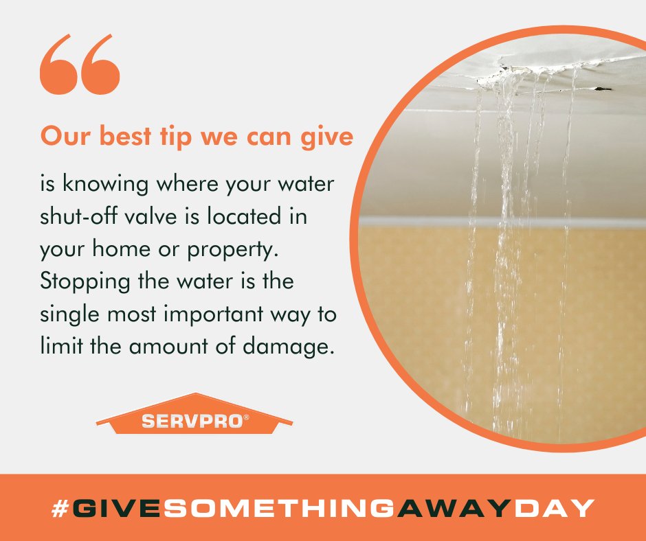 SERVPRO's tweet image. On Give Something Away Day, we&apos;re giving you our best tip for limiting water damage in your home. Raise your hand if you know where your shut-off valve is located?