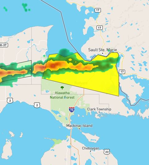 Radiotravis's tweet photo. Just In: The National Weather Service in Gaylord has issued a Severe Thunderstorm Warning for Central Chippewa County until 5:00PM. At 3:35PM, a severe thunderstorm was located near Strongs moving east at 15mph. HAZARD, Quarter size hail. IMPACT...Damage to vehicles is expected. https://t.co/5yMCAqUO6t