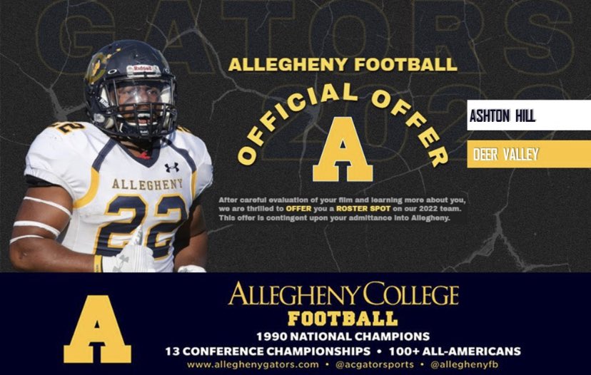 Blessed to receive another offer from Allegheny college, Thank you @CoachV_AC !             <a href="/DV_Skyhawks/">Deer Valley Skyhawks Football</a> <a href="/coachmorgan1989/">Coach Morgan</a> <a href="/coachfrieds/">Dan Friedman</a> <a href="/CoachPerrone/">Coach Perrone (My Recruits)</a>