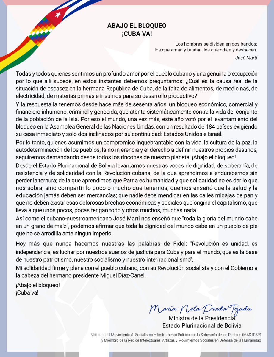 Ministra de la Presidencia de Bolivia, expresa en un Comunicado, palabras de solidaridad con el pueblo y el gobierno cubano y exige el cese del bloqueo #Cuba #Bolivia #AbajoElBloqueo @MariaNelaPradaT <a href="/LuchoXBolivia/">Luis Alberto Arce Catacora (Lucho Arce)</a> <a href="/DiazCanelB/">Miguel Díaz-Canel Bermúdez</a> <a href="/BrunoRguezP/">Bruno Rodríguez P</a>