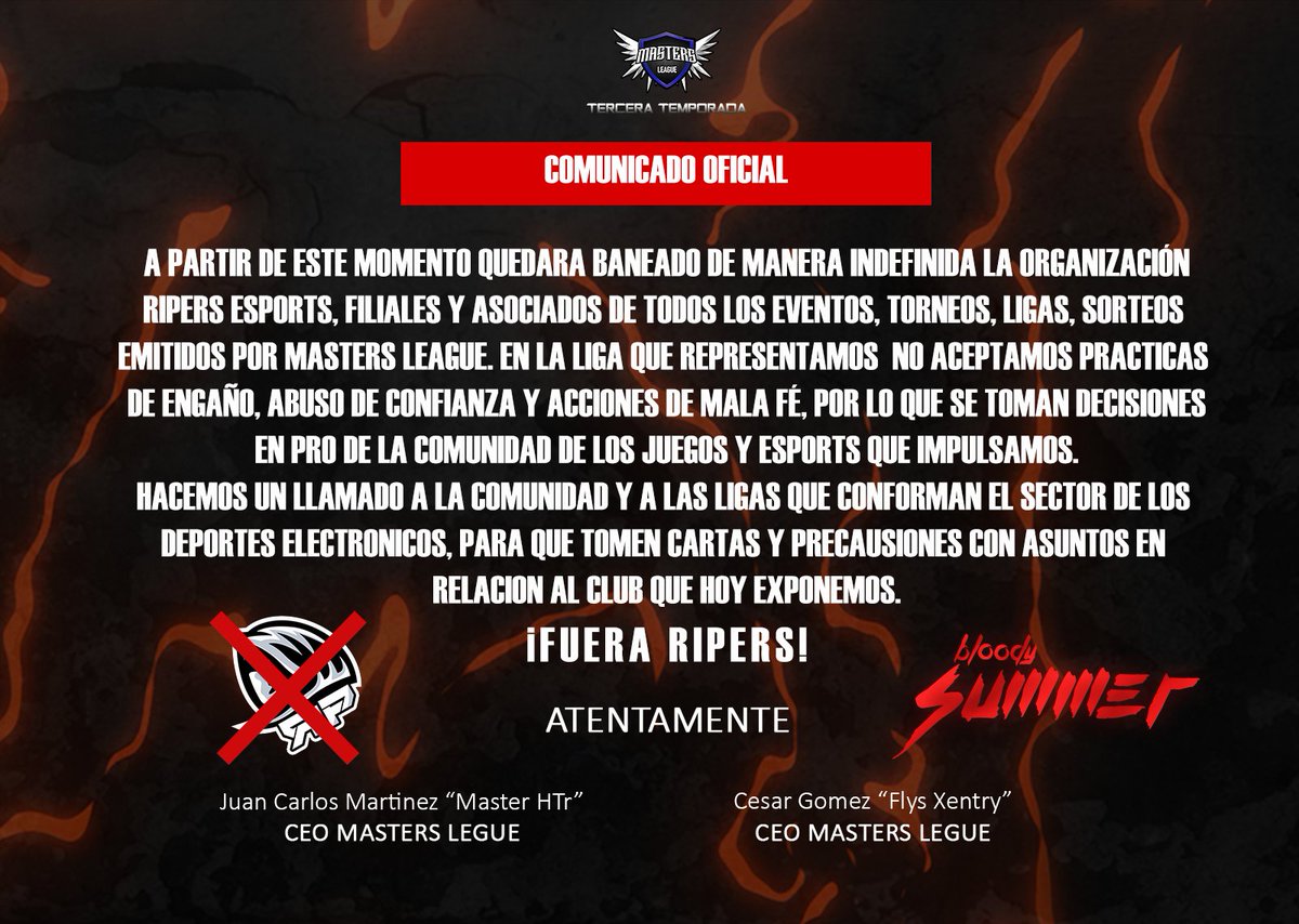 Evitemos malas prácticas, no frenen el avance del sector de los eSports, derivado a situaciones expuestas por Jugadores y Ligas tomamos decisiones, NO SE DEJEN ENGAÑAR 🔴
❌!FUERA <a href="/Ripers_Esports/">☠️ Ripers E-Sports ☠️</a>!❌
#Gears5 #esports #GearseSports