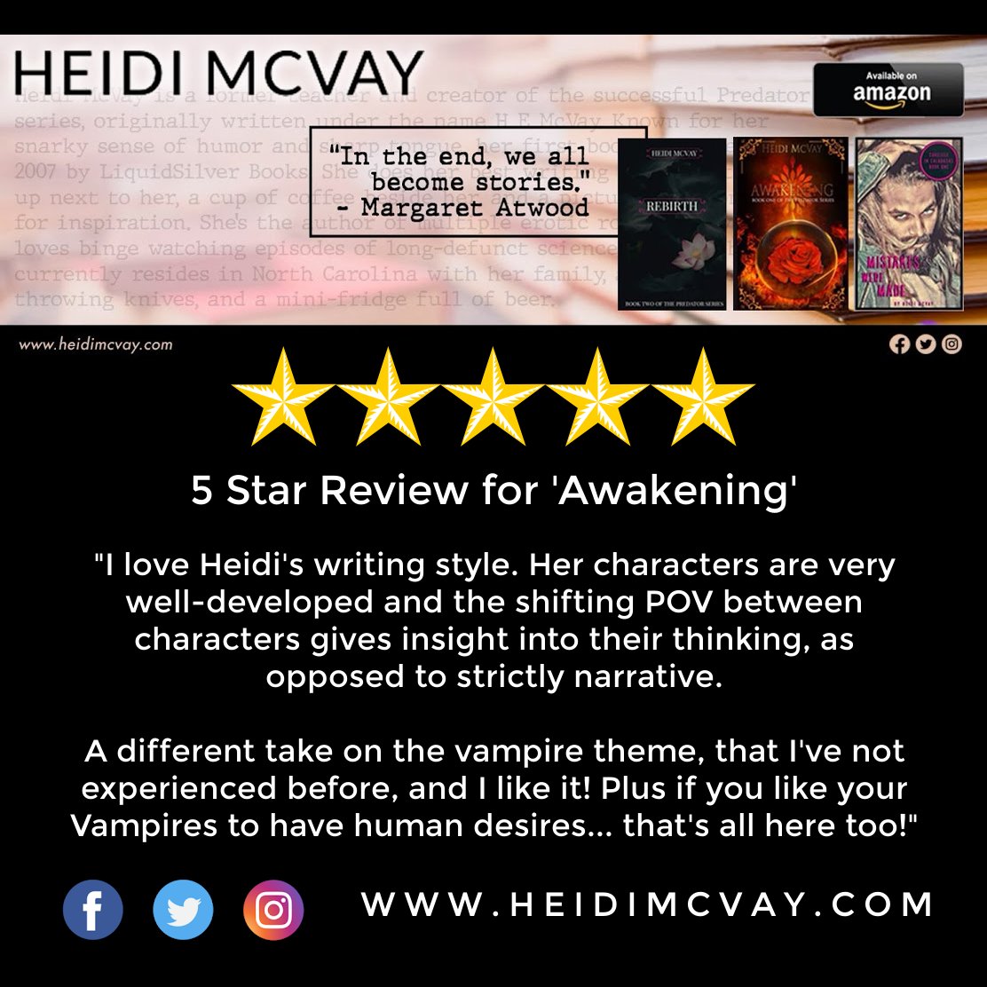 heidiemcvay's tweet photo. Hey y'all!  Poking my head up to share some five star reviews of my books from lovely readers like yourself.  And if anything tickles your fancy, head over to my Amazon page to order a paperback, Kindle, or Audible edition of my various titles.  Thank you! 💜🧡💚 https://t.co/Fn7sFaUNmR