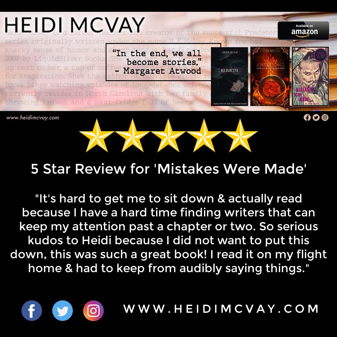 heidiemcvay's tweet photo. Hey y'all!  Poking my head up to share some five star reviews of my books from lovely readers like yourself.  And if anything tickles your fancy, head over to my Amazon page to order a paperback, Kindle, or Audible edition of my various titles.  Thank you! 💜🧡💚 https://t.co/Fn7sFaUNmR