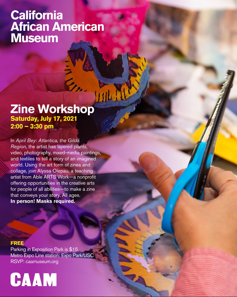 CAAMinLA's tweet photo. Please join us *in person* this Saturday (7.17), from 2-3:30, at CAAM for Zine Workshop.  Using the art form of zines and collage, join Alyssa Olepau from @ableartswork to make a zine that conveys your story. All ages. Masks required.

RSVP: https://t.co/2N5juFlBd8 https://t.co/9daRm38OAH