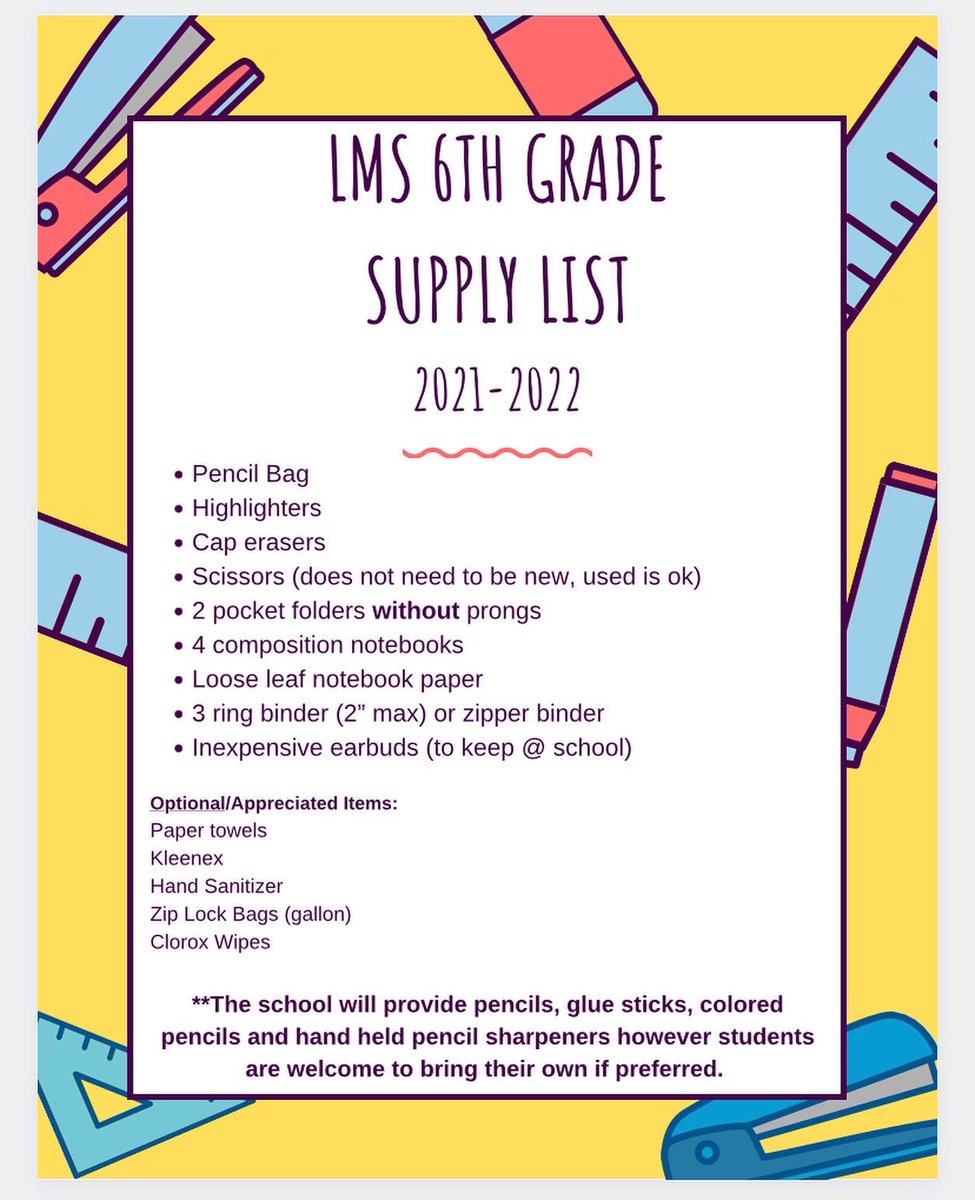 LCS_LMS's tweet photo. 2021-2022 School Supply Lists! https://t.co/aGbFLbWuEa