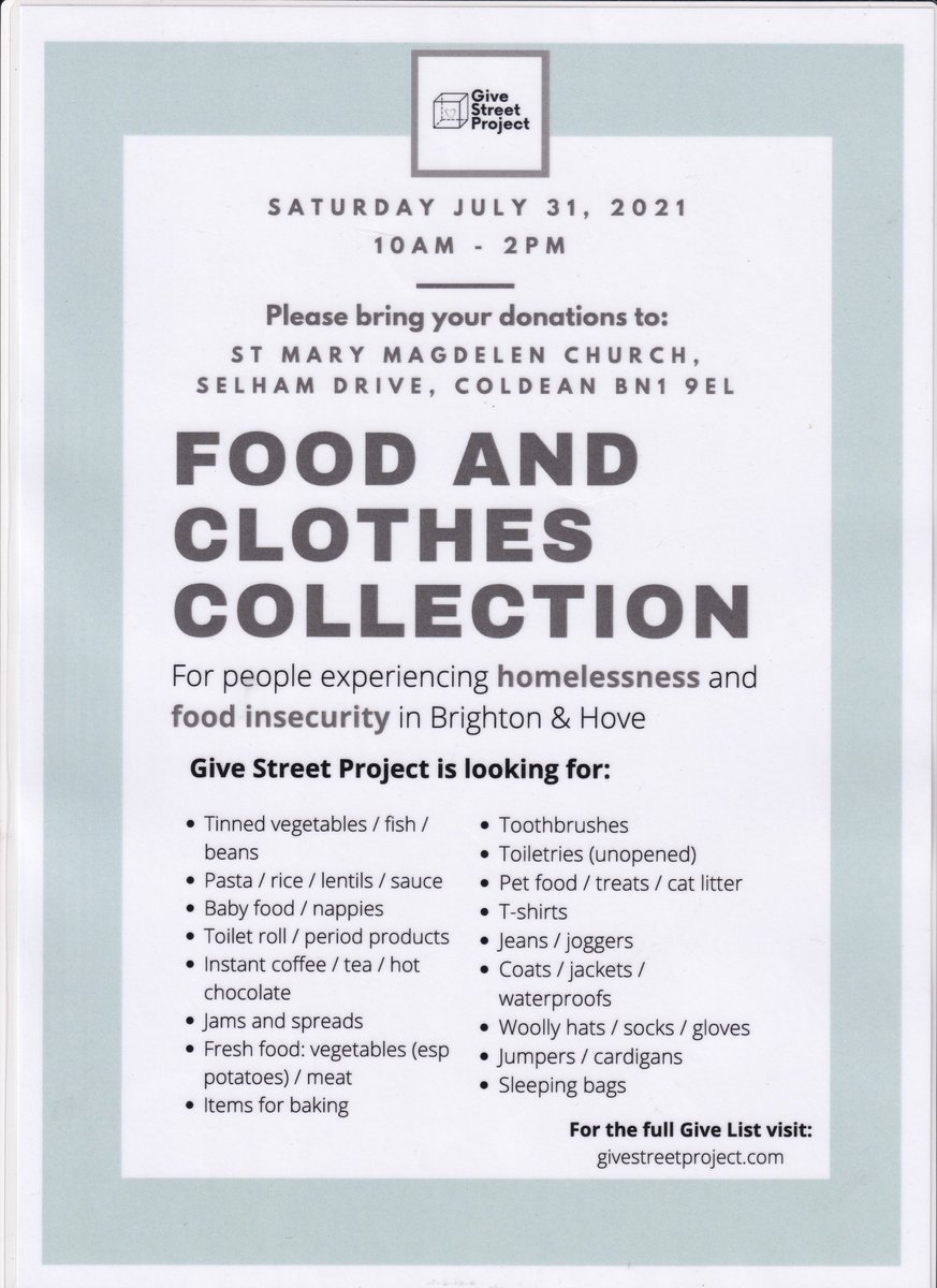 Please come and donate food, clothes (secondhand &amp; new) &amp; essential items to help those in need. Saturday 31st July 2021 10am-2pm at St Mary Magdalen Church, Coldean, Brighton BN1 9EL  #homeless #foodinsecurity  #community #brighton
