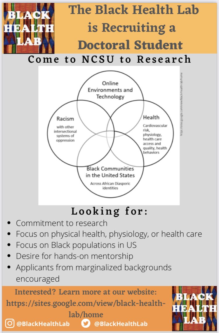 📢🌟Join Us!!! Recruiting a PhD student for the upcoming 2021-2022 app cycle (to start fall 2022) here at NCSU in Raleigh, NC. Racism, health, Black communities, a great lab community, and hands-on research and mentoring. Help us spread the word! Apps due Dec.