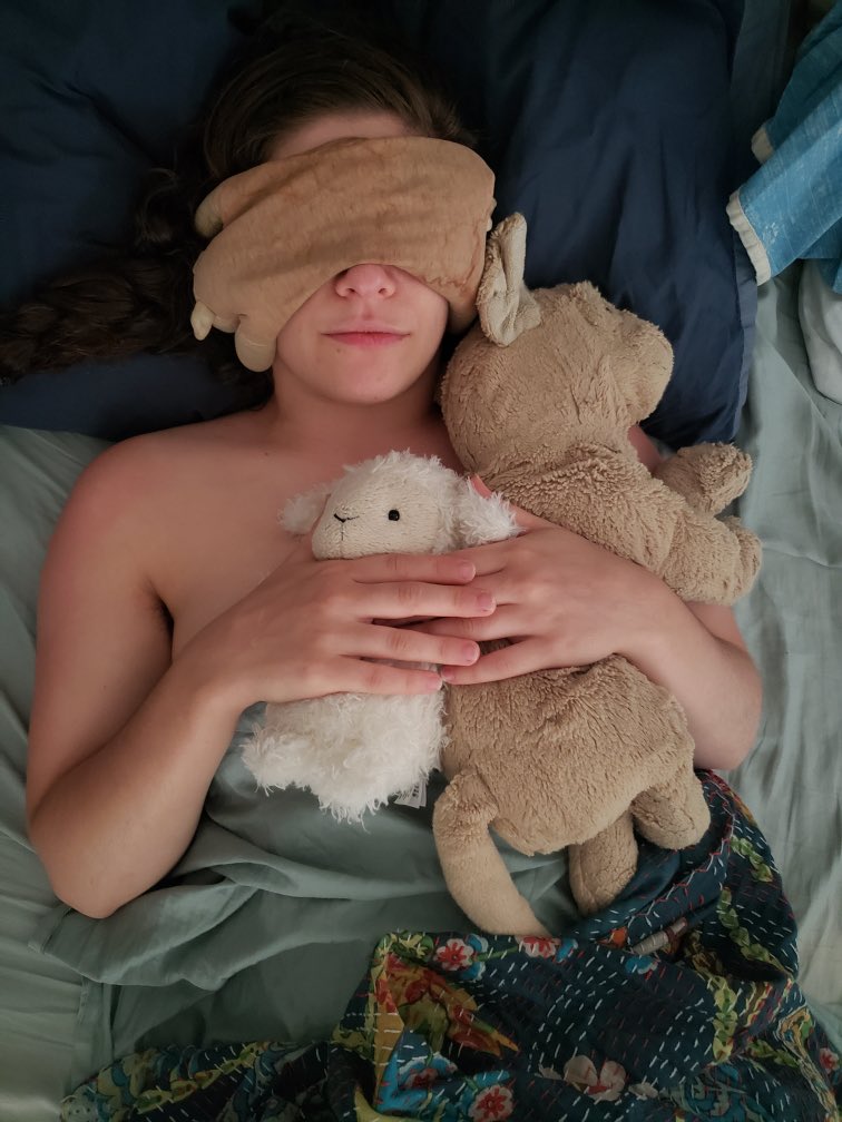 My personal bedtime menagerie as captured by Raph: 

(tuckerooni II is the dog, the eye sheep is Sydney Green Sheep Lily Lamb, and the hand sheep is Professor Lambkins, doctor of Sheep Sexuality)